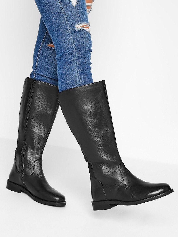 Yours Curve Black Wide Fit Leather Stretch Knee Boots - Image 5 of 5