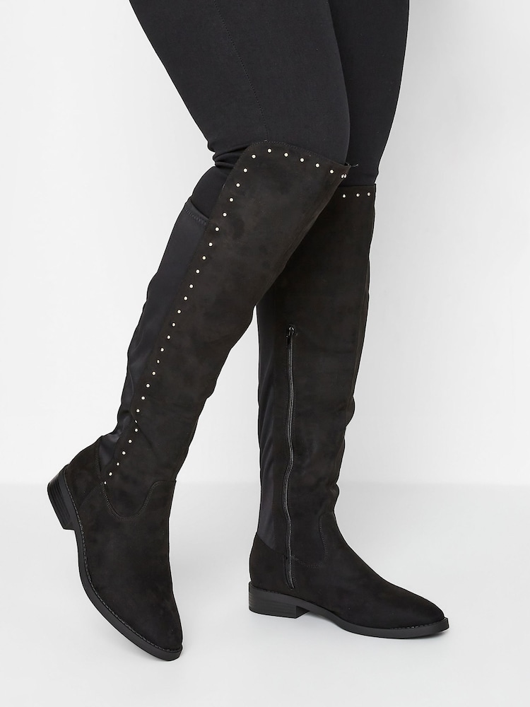 Yours Curve Black Extra Wide Over The Knee Boots With Stud Detail - Image 1 of 5