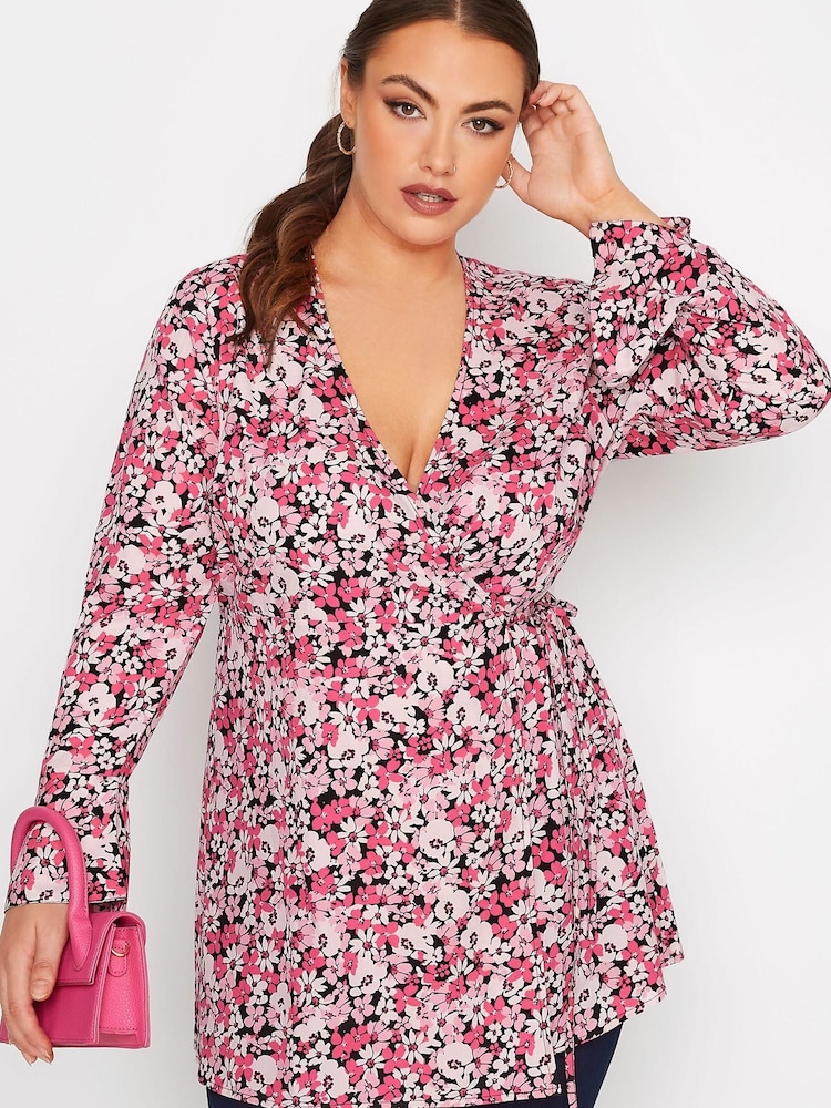 Yours Curve Pink Limited Wrap Flute Sleeve Top - Image 1 of 2