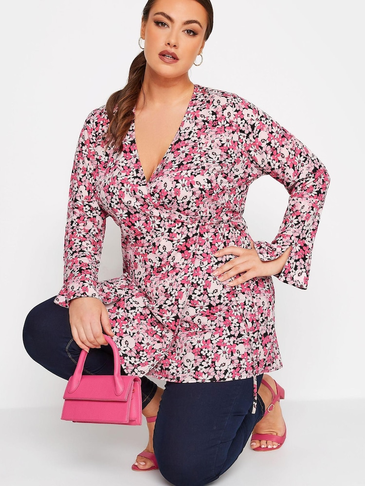 Yours Curve Pink Limited Wrap Flute Sleeve Top - Image 2 of 2