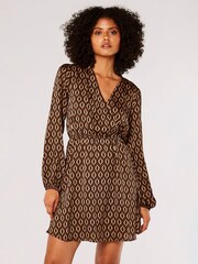 Apricot Brown Geo Satin Wrap Dress - Image 1 of 4