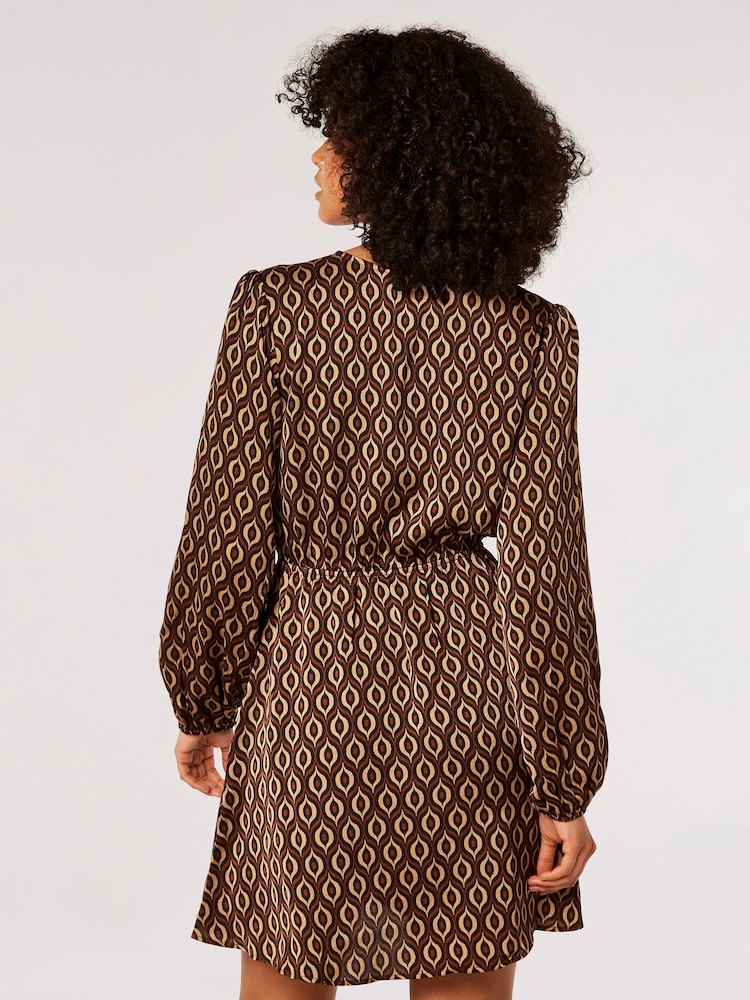 Apricot Brown Geo Satin Wrap Dress - Image 2 of 4 Apricot Brown Geo Satin Wrap Dress - Image 2 of 4