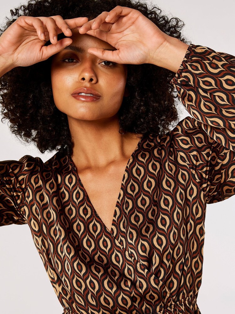 Apricot Brown Geo Satin Wrap Dress - Image 4 of 4