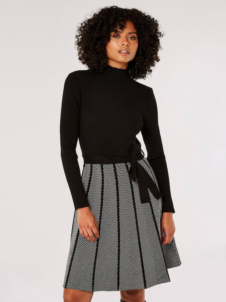 Apricot Black Chevron Skirt Tie Waist Knit Dress - Image 1 of 4