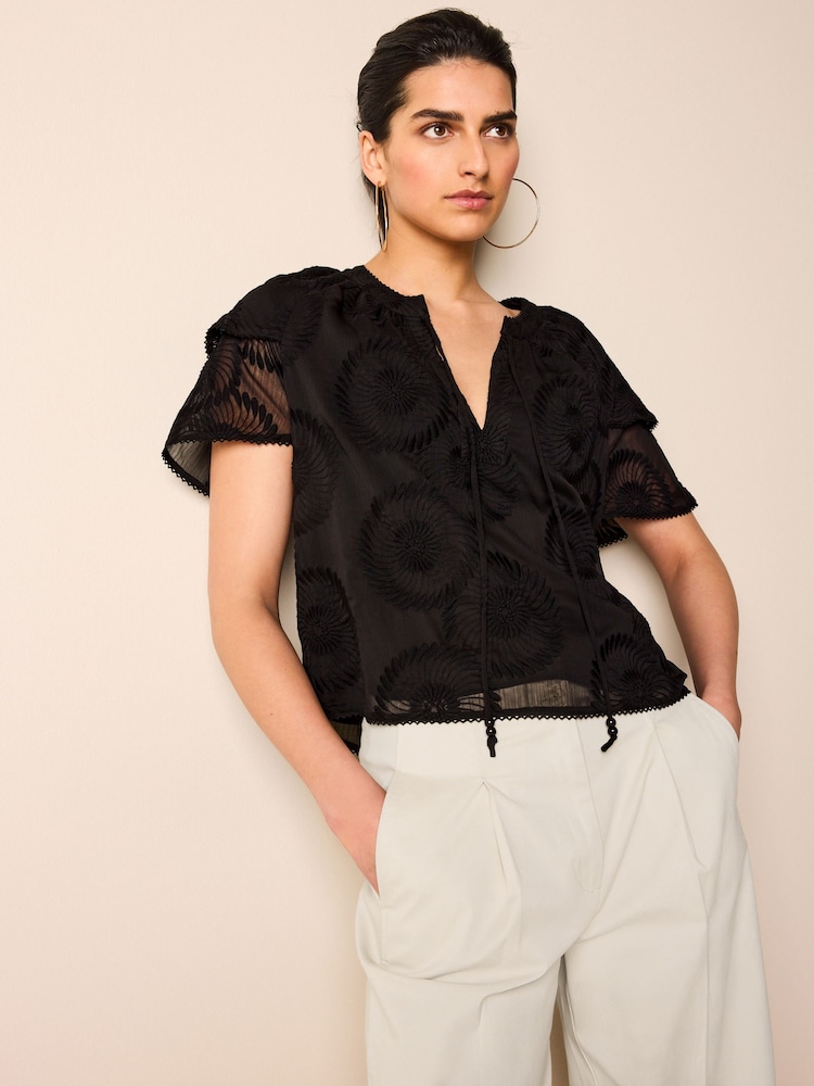 Black Tie Neck Double Sleeve Sunflower Blouse - Image 2 of 3