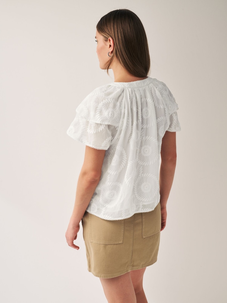 White Tie Neck Double Sleeve Sunflower Blouse - Image 2 of 5