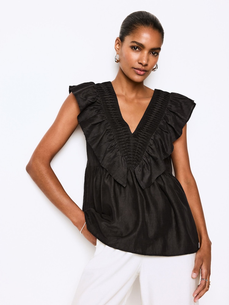 Black Sleeveless Ruffle V-Neck Top - Image 1 of 6
