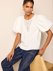 White Cotton Poplin Puff Sleeve Crochet Insert Blouse - Image 1 of 6