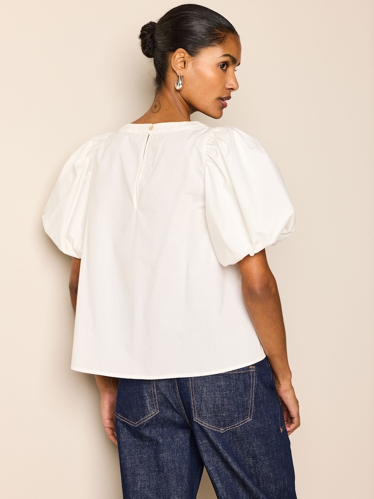 White Cotton Poplin Puff Sleeve Crochet Insert Blouse - Image 2 of 6