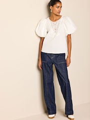 White Cotton Poplin Puff Sleeve Crochet Insert Blouse - Image 3 of 6
