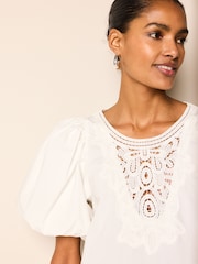 White Cotton Poplin Puff Sleeve Crochet Insert Blouse - Image 4 of 6