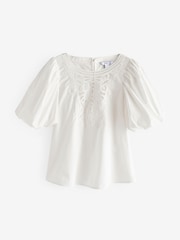 White Cotton Poplin Puff Sleeve Crochet Insert Blouse - Image 5 of 6