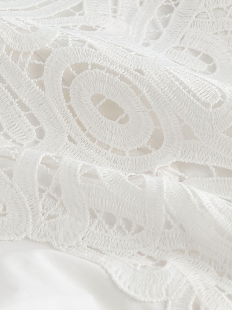 White Cotton Poplin Puff Sleeve Crochet Insert Blouse - Image 6 of 6