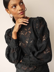 Black Lace Long Sleeve Blouse - Image 4 of 7