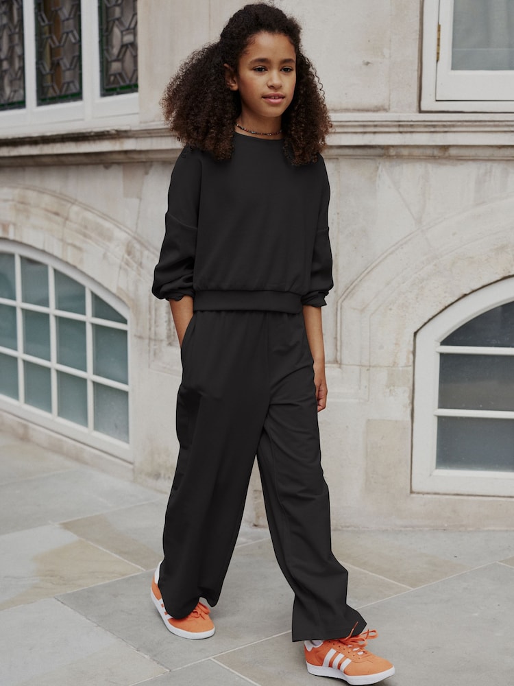 Black Rib Cuffed Top & Wide Leg Joggers Set (2-16yrs) - Image 2 of 7