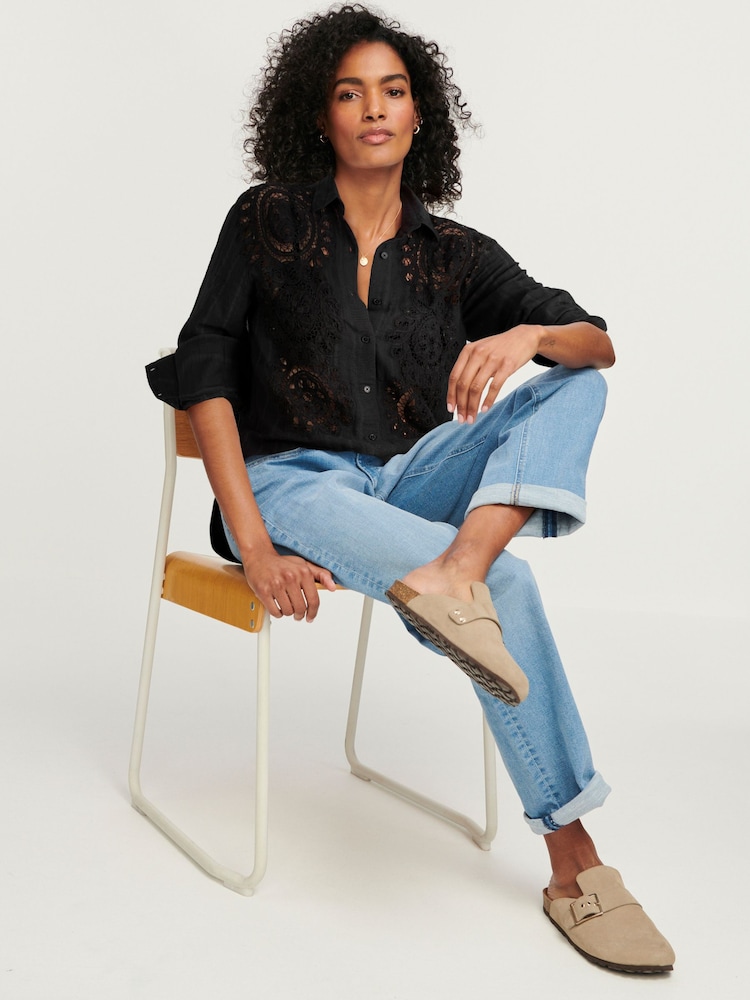 Black Long Sleeve Crochet Insert Shirt - Image 1 of 7