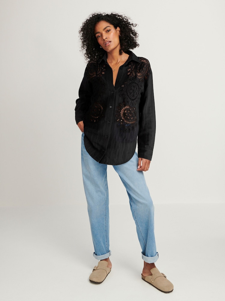 Black Long Sleeve Crochet Insert Shirt - Image 2 of 7
