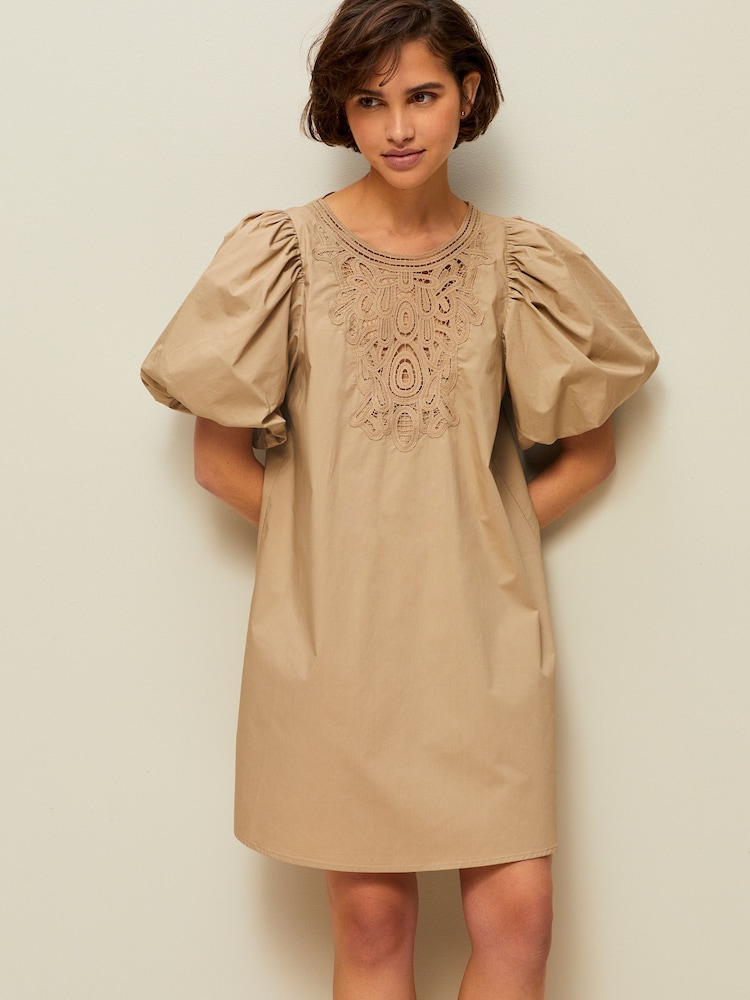 Beige 100% Cotton Poplin Puff Sleeve Crochet Insert Mini Dress - Image 1 of 6 Beige 100% Cotton Poplin Puff Sleeve Crochet Insert Mini Dress - Image 1 of 6