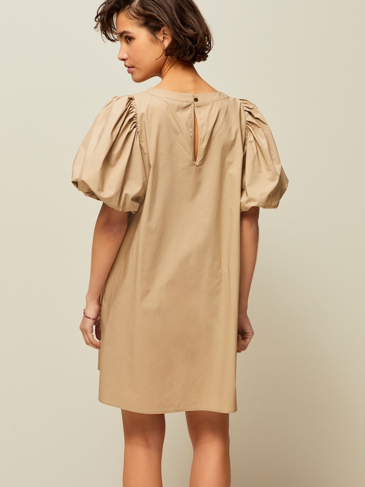 Beige 100% Cotton Poplin Puff Sleeve Crochet Insert Mini Dress - Image 2 of 6 Beige 100% Cotton Poplin Puff Sleeve Crochet Insert Mini Dress - Image 2 of 6