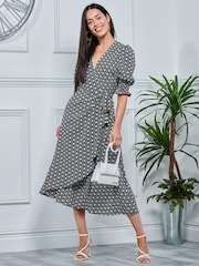 Jolie Moi Peyton Wrap Puff Sleeve Midi Black Dress - Image 1 of 5