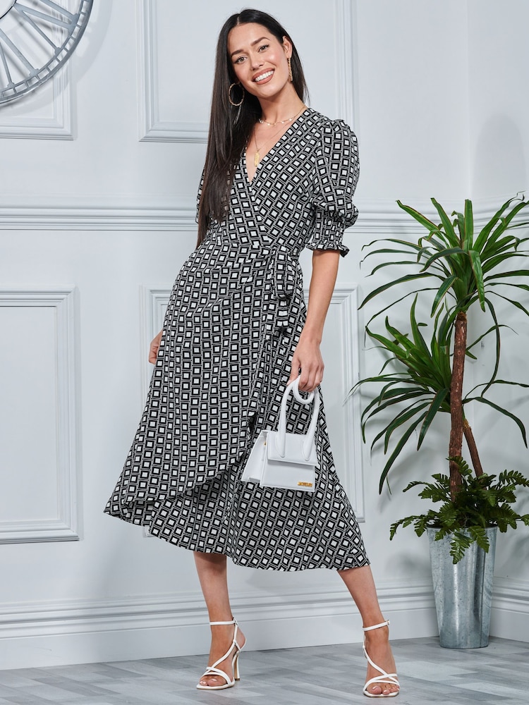 Jolie Moi Peyton Wrap Puff Sleeve Midi Black Dress - Image 1 of 5