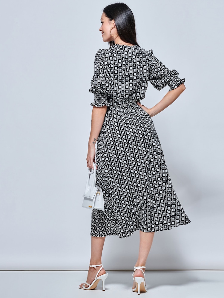 Jolie Moi Peyton Wrap Puff Sleeve Midi Black Dress - Image 2 of 5