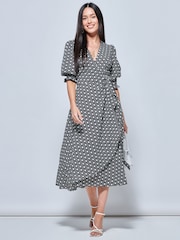 Jolie Moi Peyton Wrap Puff Sleeve Midi Black Dress - Image 3 of 5