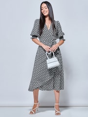 Jolie Moi Peyton Wrap Puff Sleeve Midi Black Dress - Image 4 of 5