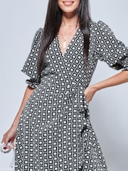 Jolie Moi Peyton Wrap Puff Sleeve Midi Black Dress - Image 5 of 5