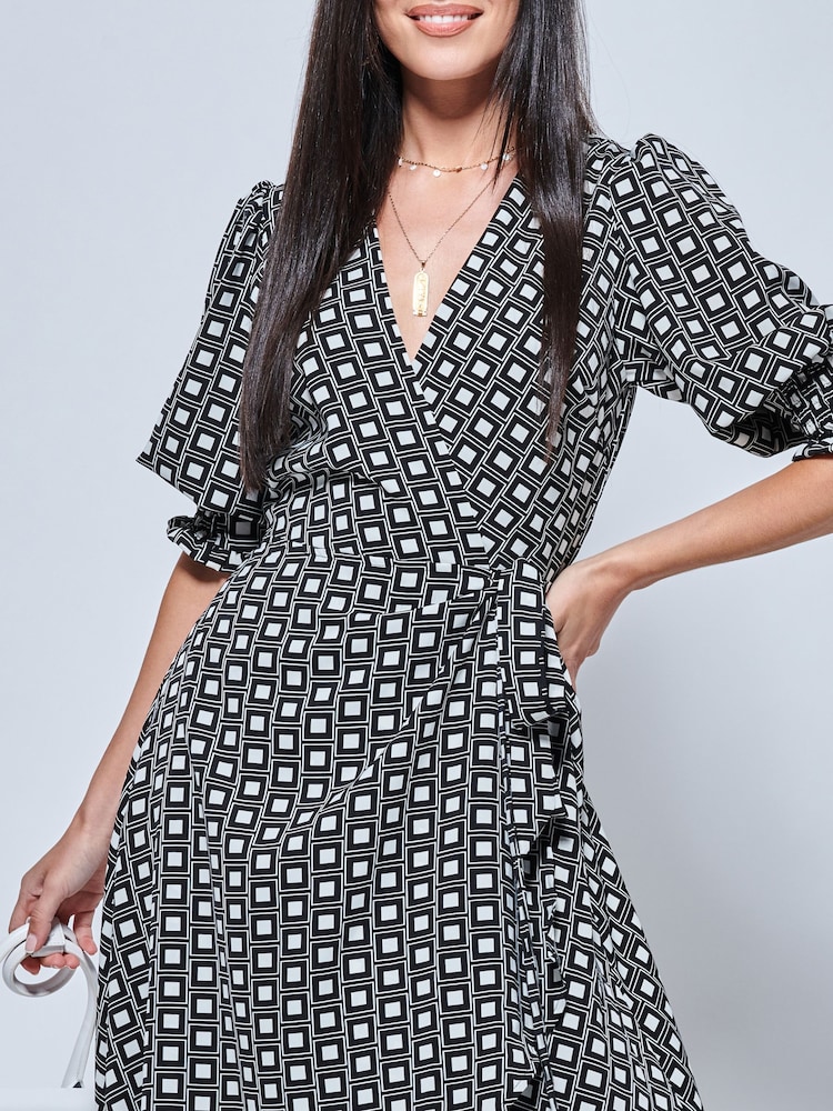 Jolie Moi Peyton Wrap Puff Sleeve Midi Black Dress - Image 5 of 5