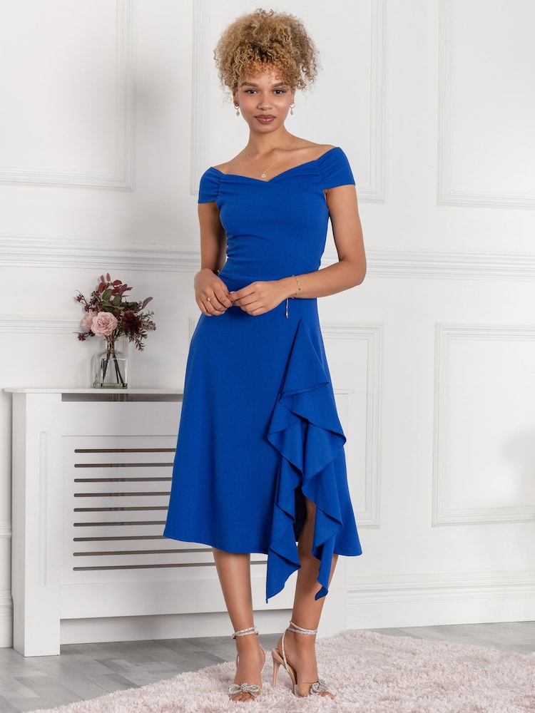 Jolie Moi Cobalt Blue Desiree Frill Fit & Flare Dress - Image 1 of 5 Jolie Moi Cobalt Blue Desiree Frill Fit & Flare Dress - Image 1 of 5
