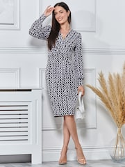Jolie Moi Black Print Long Sleeve Pegged Dress - Image 1 of 5