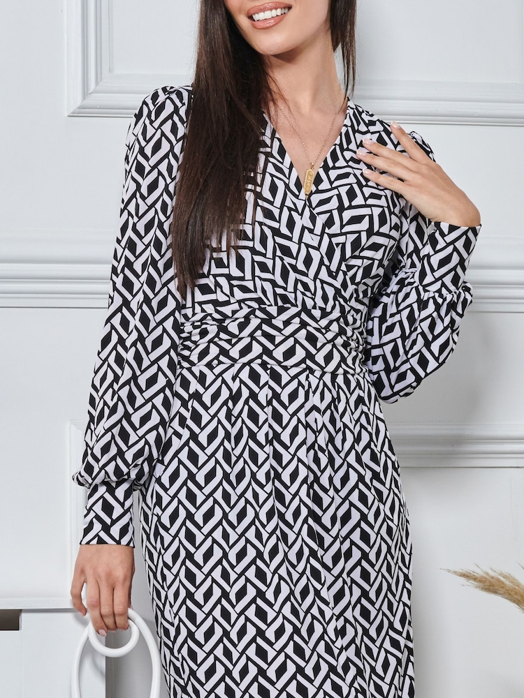 Jolie Moi Black Print Long Sleeve Pegged Dress - Image 5 of 5