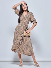Jolie Moi Natural Animal Print Crepe Wrap Midi Dress - Image 1 of 5