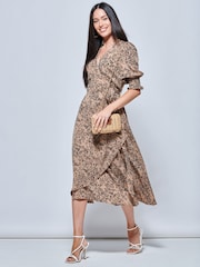 Jolie Moi Natural Animal Print Crepe Wrap Midi Dress - Image 2 of 5
