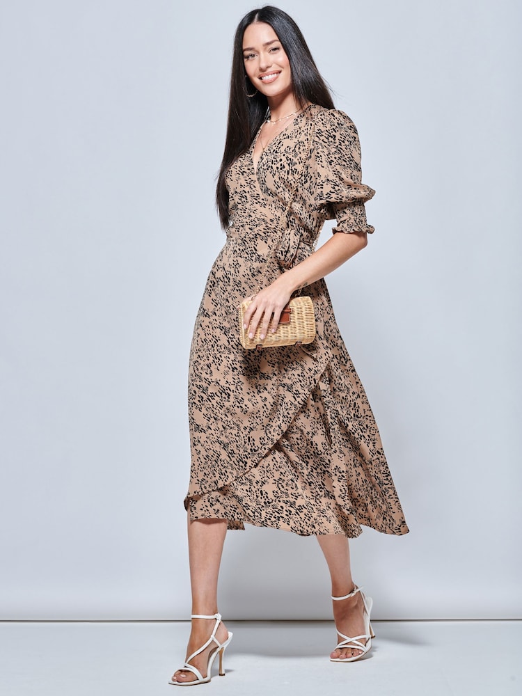 Jolie Moi Natural Animal Print Crepe Wrap Midi Dress - Image 2 of 5
