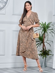 Jolie Moi Natural Animal Print Crepe Wrap Midi Dress - Image 3 of 5