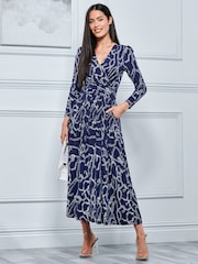 Jolie Moi Blue Chain Print Long Sleeve Maxi Dress - Image 1 of 5