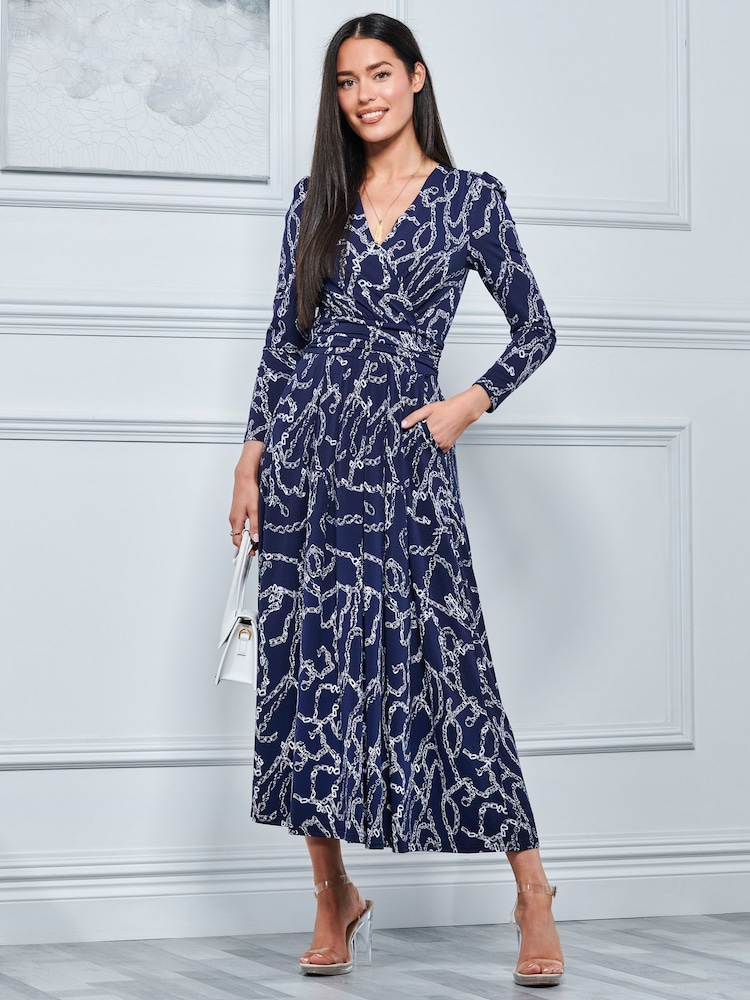 Jolie Moi Blue Chain Print Long Sleeve Maxi Dress - Image 1 of 5