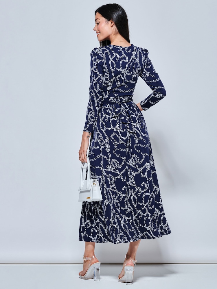 Jolie Moi Blue Chain Print Long Sleeve Maxi Dress - Image 2 of 5