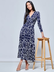 Jolie Moi Blue Chain Print Long Sleeve Maxi Dress - Image 3 of 5