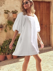 White Linen Blend Puff Sleeve Mini Dress - Image 2 of 6