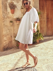 White Linen Blend Puff Sleeve Mini Dress - Image 3 of 6