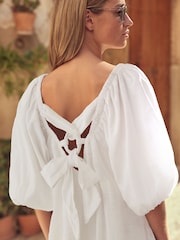 White Linen Blend Puff Sleeve Mini Dress - Image 4 of 6