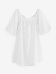 White Linen Blend Puff Sleeve Mini Dress - Image 5 of 6