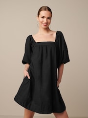 Black Linen Blend Puff Sleeve Mini Dress - Image 2 of 6