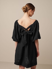 Black Linen Blend Puff Sleeve Mini Dress - Image 3 of 6