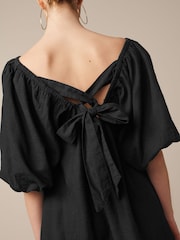Black Linen Blend Puff Sleeve Mini Dress - Image 4 of 6