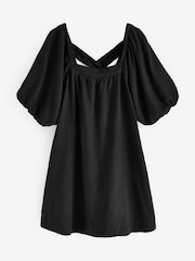 Black Linen Blend Puff Sleeve Mini Dress - Image 5 of 6