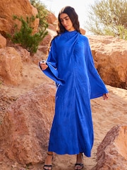 Cobalt Blue Twist High Neck Long Sleeve Jacqaurd Maxi Dress - Image 2 of 6